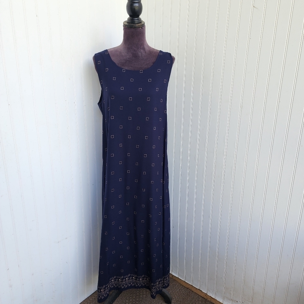 Christopher & Banks Womens Navu Blue Tan Geo Print Dress Sleeveless Midi Maxi 12